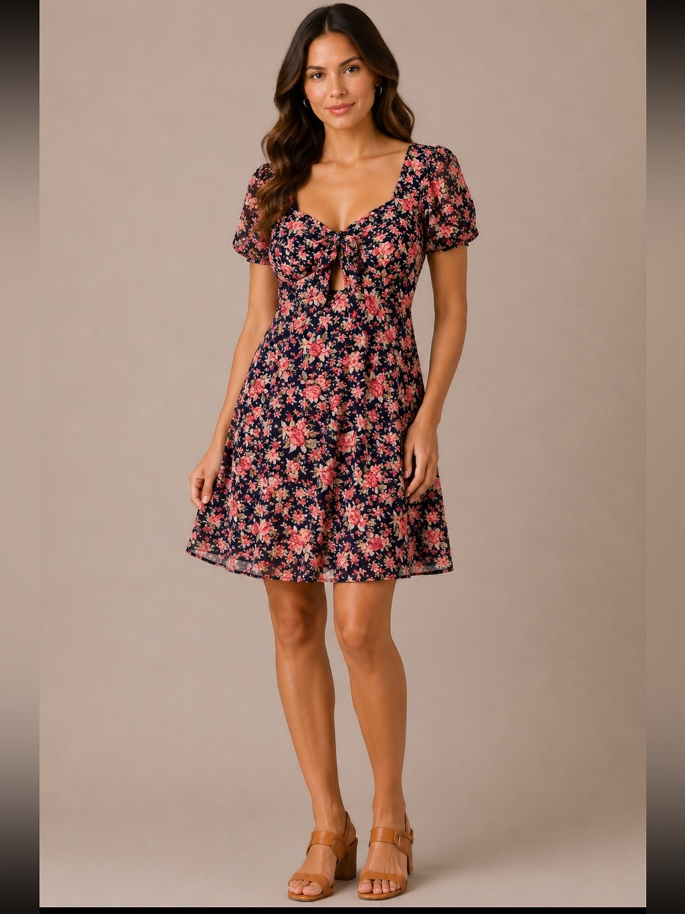 Altar’d State Sz M Navy Pink Floral Mini Dress Keyhole Bodice Flutter Sleeves